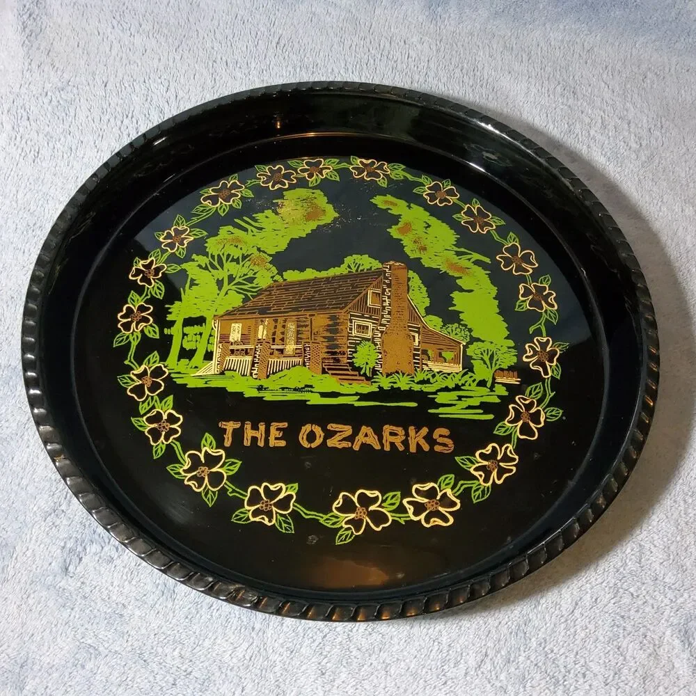 Vintage The Ozarks Black Plastic Souvenir Tray Log Cabin Dogwood Floral 12.5